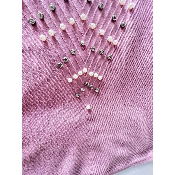 Pink Size L V-Neck Sweater With Pearl & Rhinestone Accents Ribbed A Love Story - Picture 8 of 13